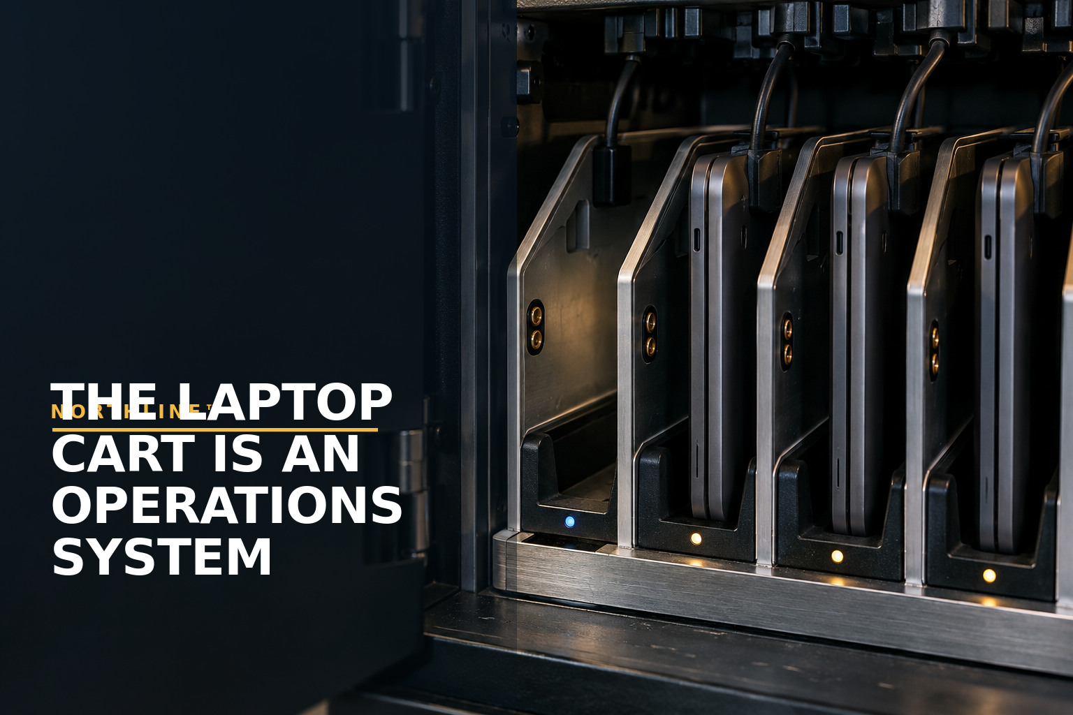 Macro view of laptop charging bays illustrating NORTHLINE school-device readiness operations by Function Media LLC