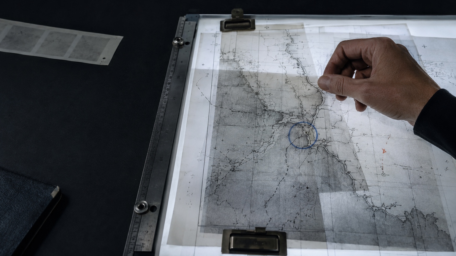 A human reviewer aligning translucent evidence sheets on a dark analysis table
